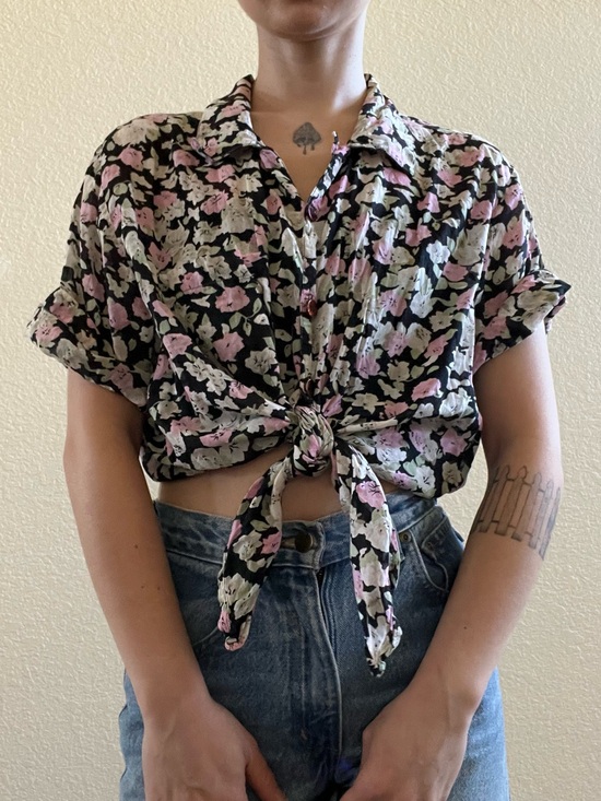 Vintage Tops - Vintage 80s 90s Floral silk gauze button up blouse Black Pink & Cream Flowers